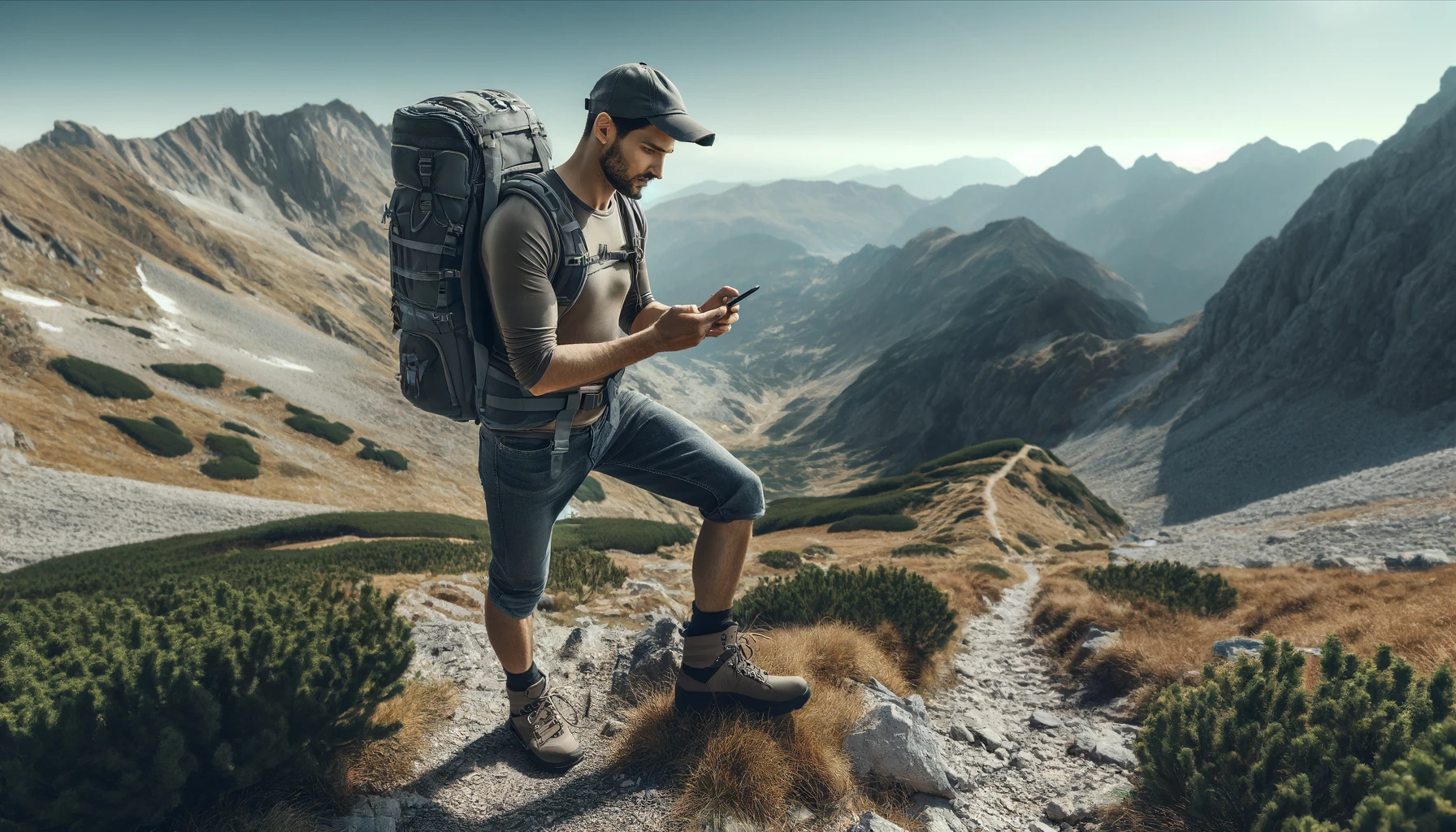 a man hiking in the mountains, using his smartphone.