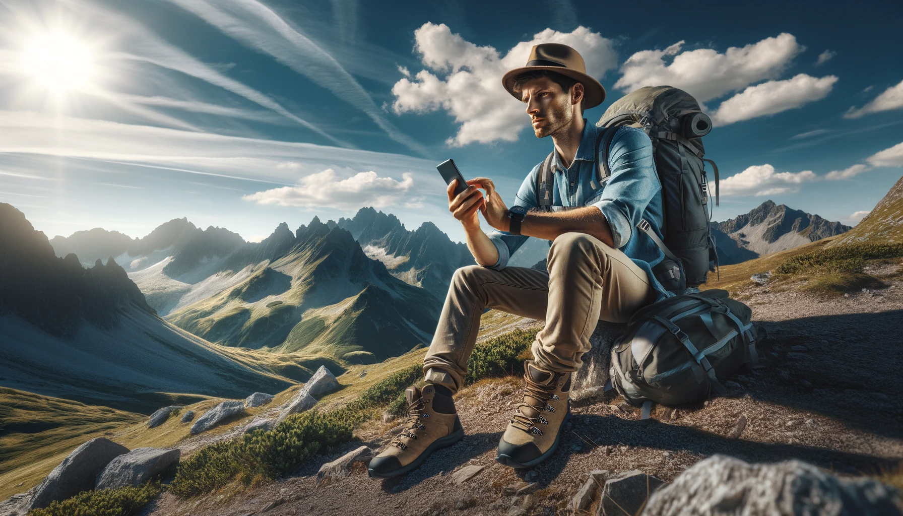 a man hiking in the mountains, using his smartphone. The man is dressed in hiking gear, including a backpack, hiking boots, and a hat. The background features a mountain landscape with clear skies and rugged terrain.