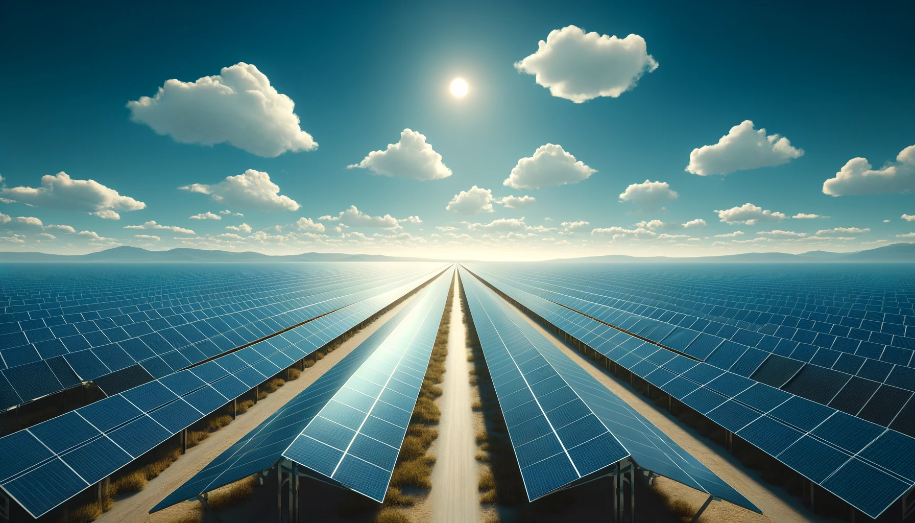 a large solar farm under a clear blue sky.