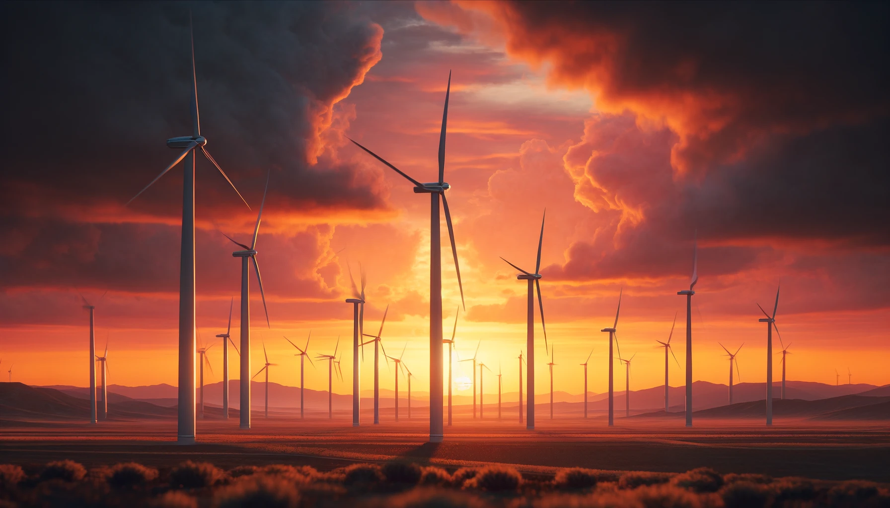 a wind farm at sunset, featuring multiple wind turbines scattered across a vast open landscape.