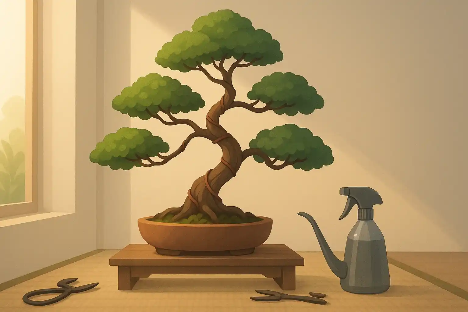 A bonsai tree and a set of supplies for tree care.