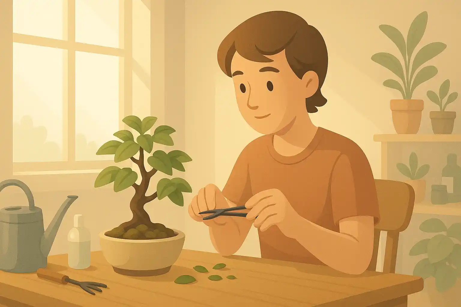 A beginner gardener pruning bonsai trees.