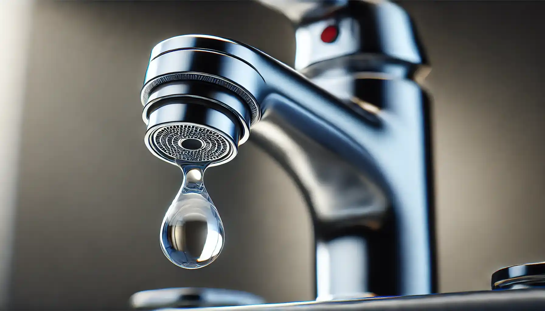 A close-up of a modern faucet with a dripping water droplet from the aerator.