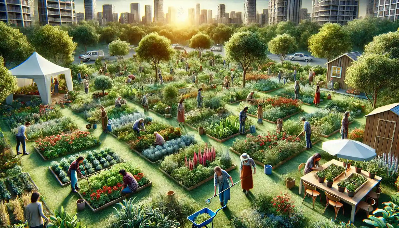 A vibrant community garden filled with diverse plants and flowers, showing people of various ages and backgrounds engaging in gardening activities. This image captures the essence of community-driven environmental stewardship.