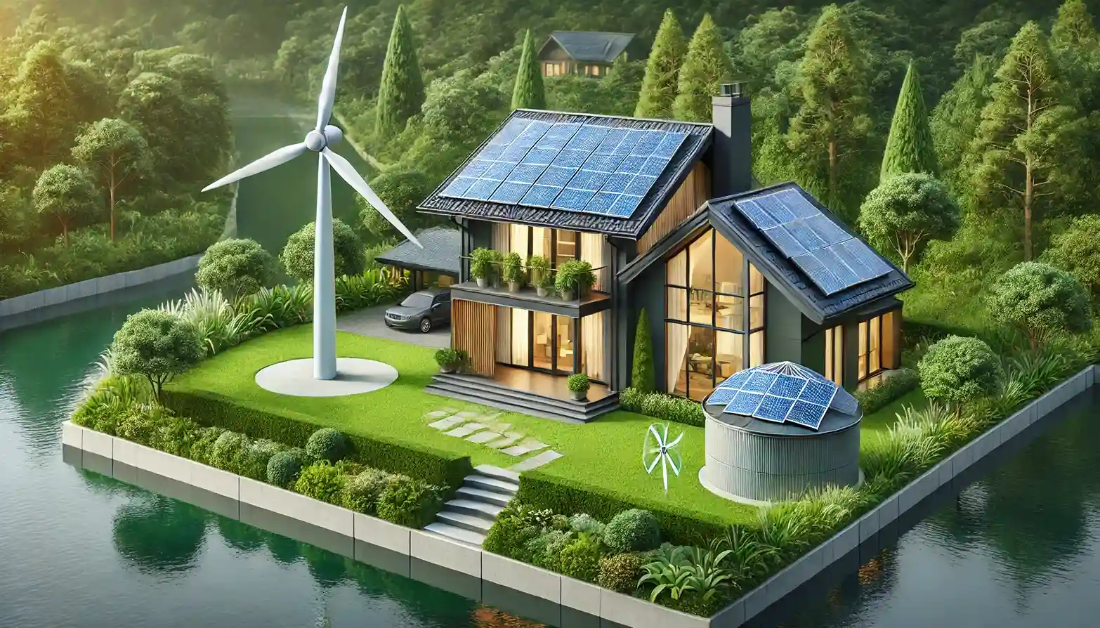 An eco-friendly home equipped with solar panels and a wind turbine, set amidst lush greenery. This image highlights how residential areas can adopt renewable energy sources to contribute to a sustainable future.