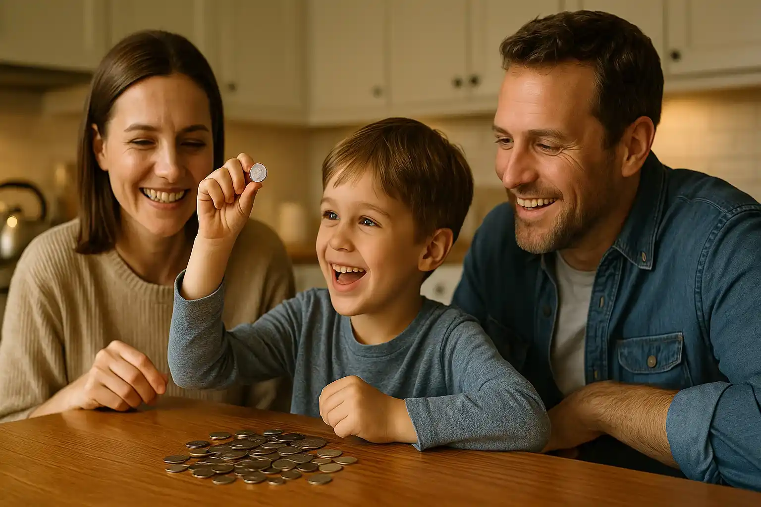 A family sits at the kitchen table sorting coins, as a child excitedly holds up a 1964 silver dime.