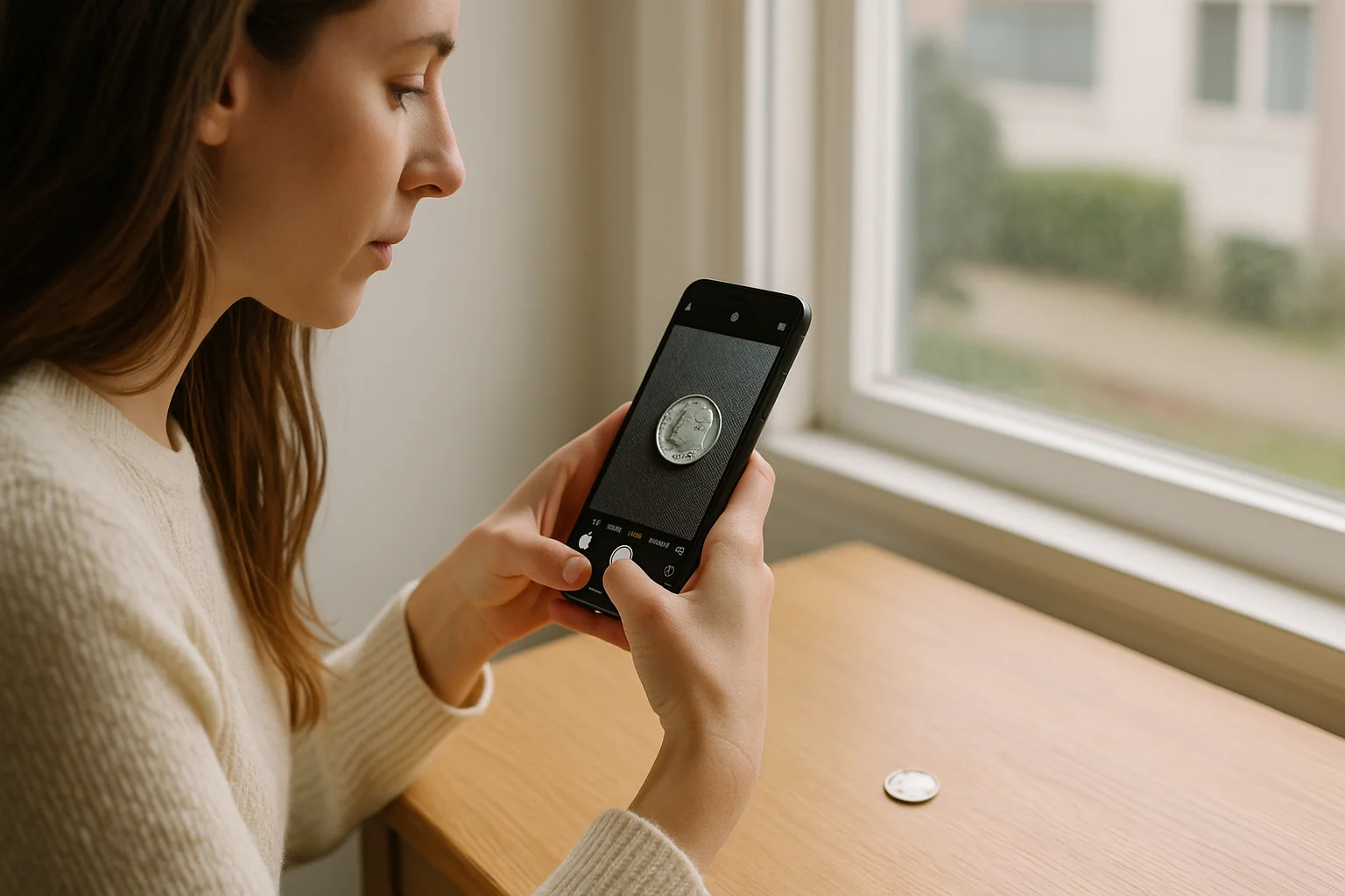 A young woman by the window photographs a silver dime with her smartphone, to find its features with a special identification app.
